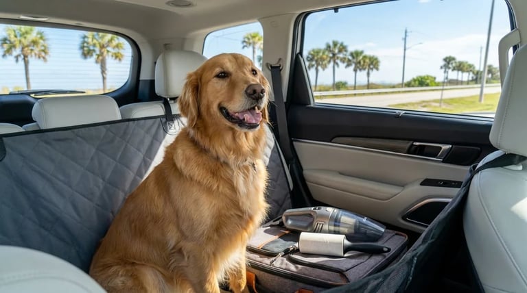 Golden retriever sitting in back seat of car with protective seat cover and palm trees visible through windows